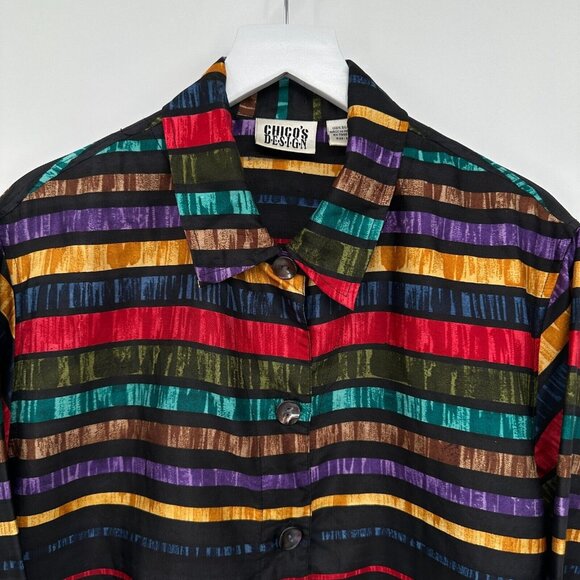 Vintage Chicos Design 100% Silk Top Shirt Shacket Size 1 US M 8 Patchwork Button - Picture 3 of 12